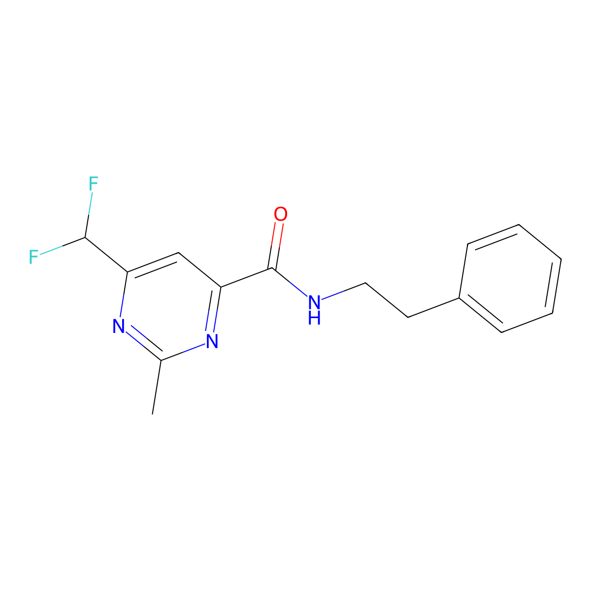 6-(difluoromethyl)-2-methyl-N-(2-phenylethyl)pyrimidine-4-carboxamide molecular structure, CAS 2877669-33-3