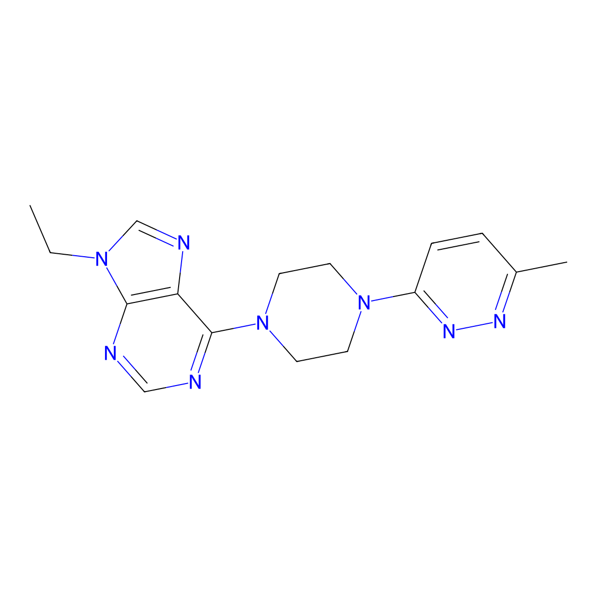 9-ethyl-6-[4-(6-methylpyridazin-3-yl)piperazin-1-yl]-9H-purine molecular structure, CAS 2877669-57-1