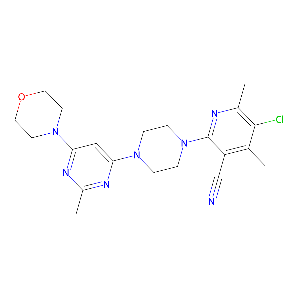 5-Chloro-4,6-dimethyl-2-{4-[2-methyl-6-(morpholin-4-yl)pyrimidin-4-yl]piperazin-1-yl}pyridine-3-carbonitrile molecular structure, CAS 2877669-63-9