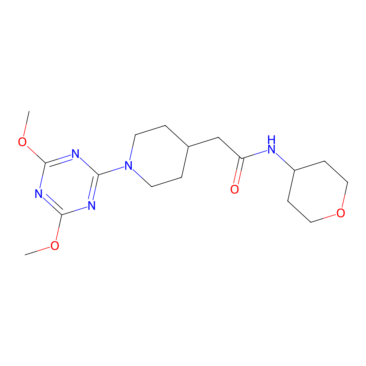 2-[1-(4,6-dimethoxy-1,3,5-triazin-2-yl)piperidin-4-yl]-N-(oxan-4-yl)acetamide molecular structure, CAS 2877669-70-8