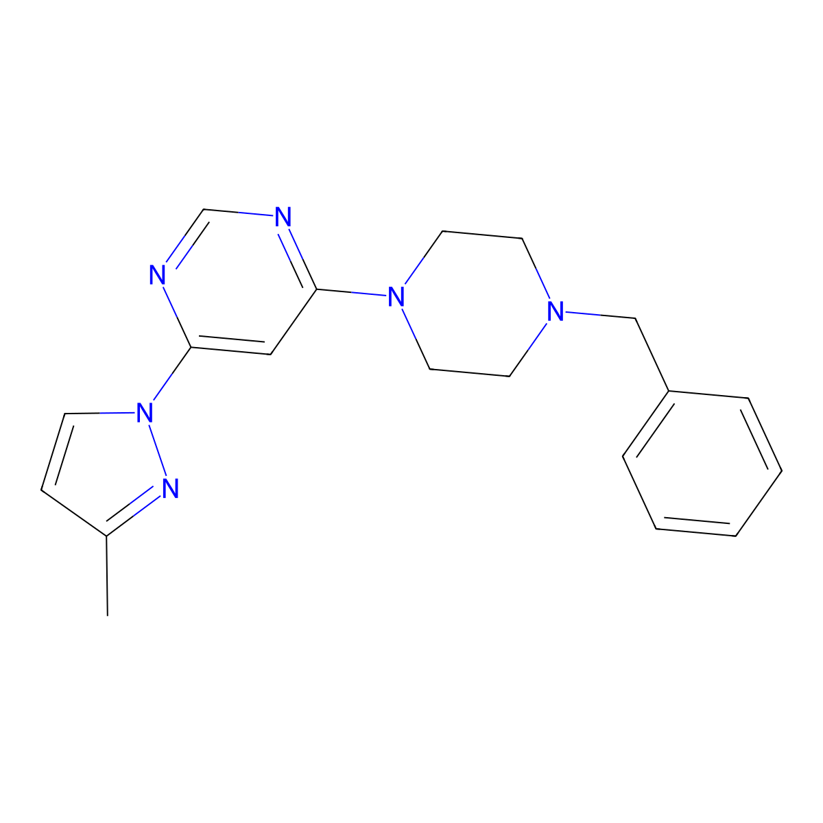 4-(4-benzylpiperazin-1-yl)-6-(3-methyl-1H-pyrazol-1-yl)pyrimidine molecular structure, CAS 2877669-71-9