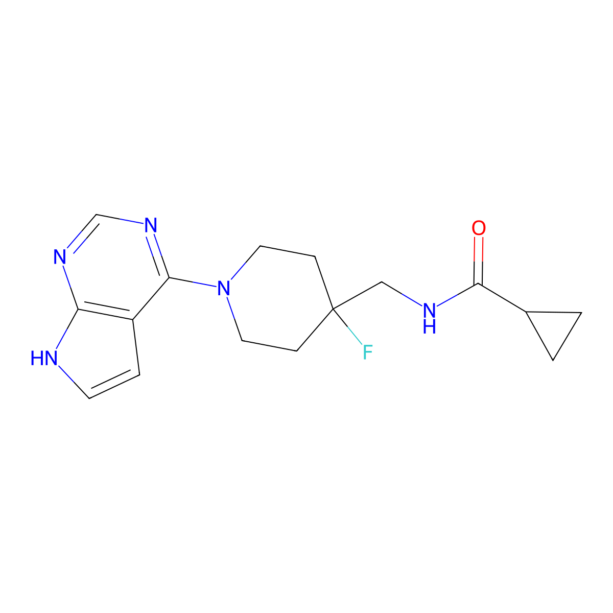 N-[(4-fluoro-1-{7H-pyrrolo[2,3-d]pyrimidin-4-yl}piperidin-4-yl)methyl]cyclopropanecarboxamide molecular structure, CAS 2877669-72-0