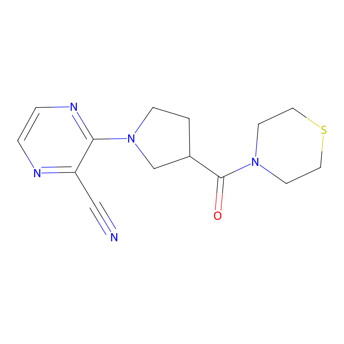 3-[3-(Thiomorpholine-4-carbonyl)pyrrolidin-1-yl]pyrazine-2-carbonitrile molecular structure, CAS 2877669-89-9