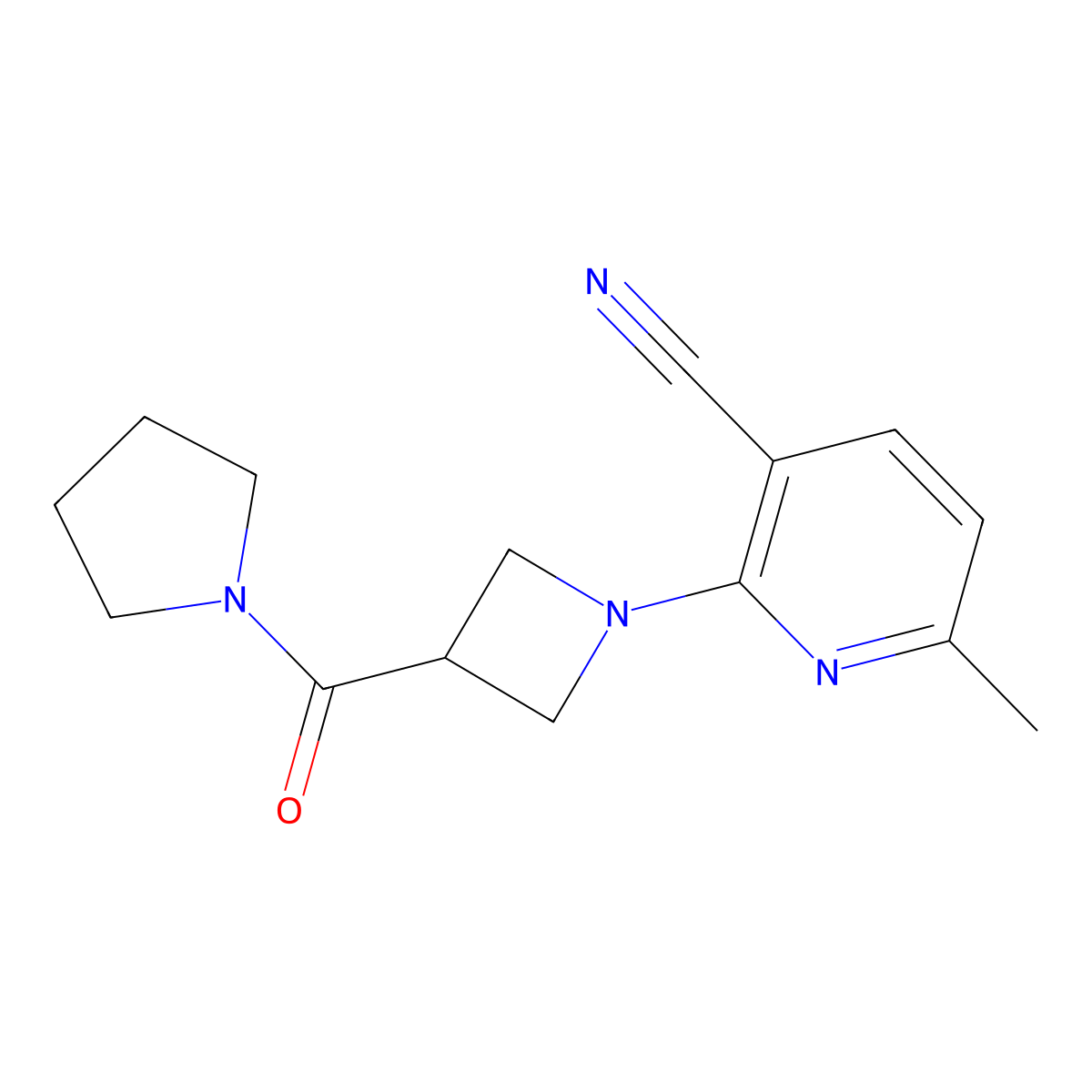 6-Methyl-2-[3-(pyrrolidine-1-carbonyl)azetidin-1-yl]pyridine-3-carbonitrile molecular structure, CAS 2877670-01-2