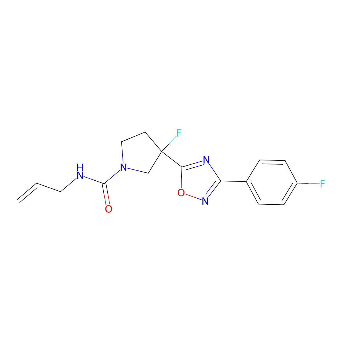 3-fluoro-3-[3-(4-fluorophenyl)-1,2,4-oxadiazol-5-yl]-N-(prop-2-en-1-yl)pyrrolidine-1-carboxamide molecular structure, CAS 2877670-06-7