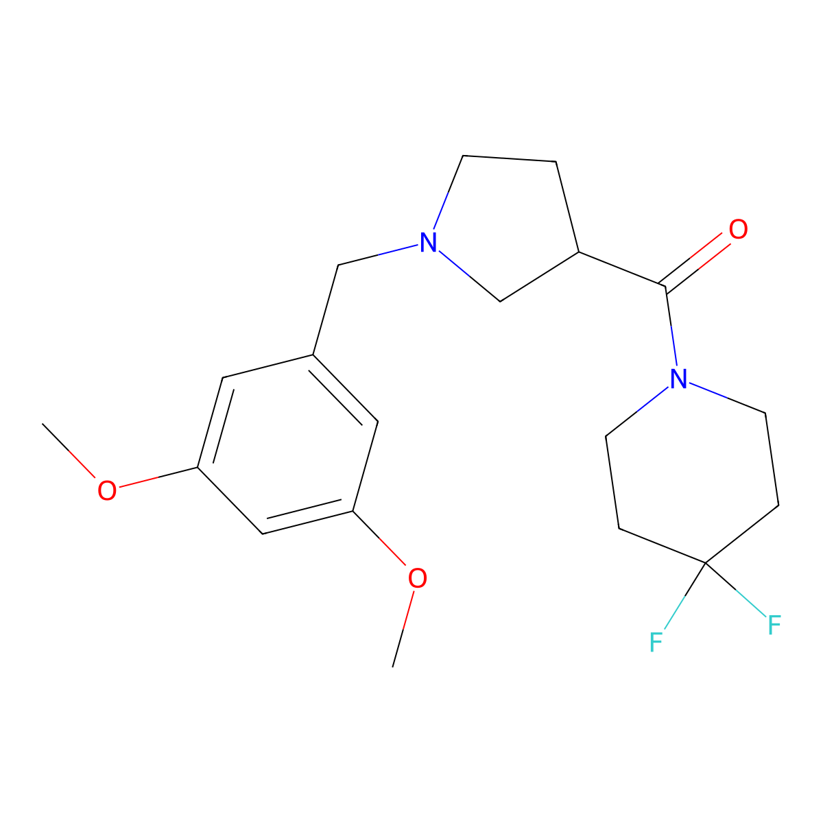 1-{1-[(3,5-Dimethoxyphenyl)methyl]pyrrolidine-3-carbonyl}-4,4-difluoropiperidine molecular structure, CAS 2877670-17-0