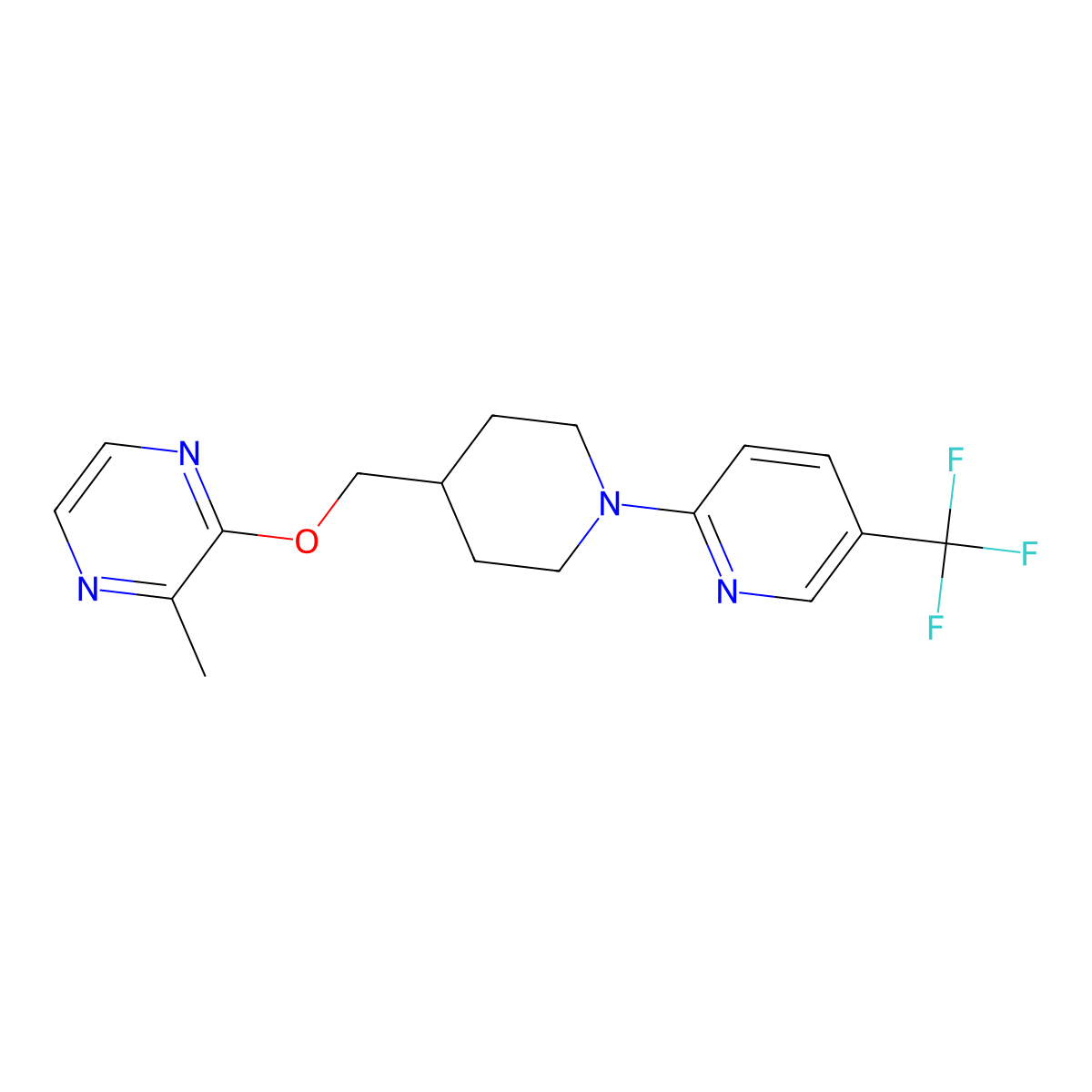 2-Methyl-3-({1-[5-(trifluoromethyl)pyridin-2-yl]piperidin-4-yl}methoxy)pyrazine molecular structure, CAS 2877670-24-9