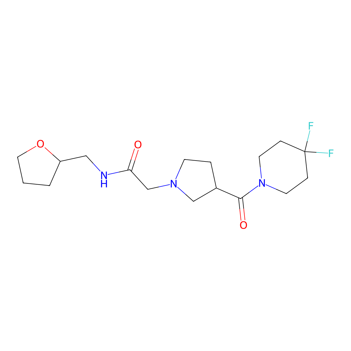 2-[3-(4,4-difluoropiperidine-1-carbonyl)pyrrolidin-1-yl]-N-[(oxolan-2-yl)methyl]acetamide molecular structure, CAS 2877670-31-8
