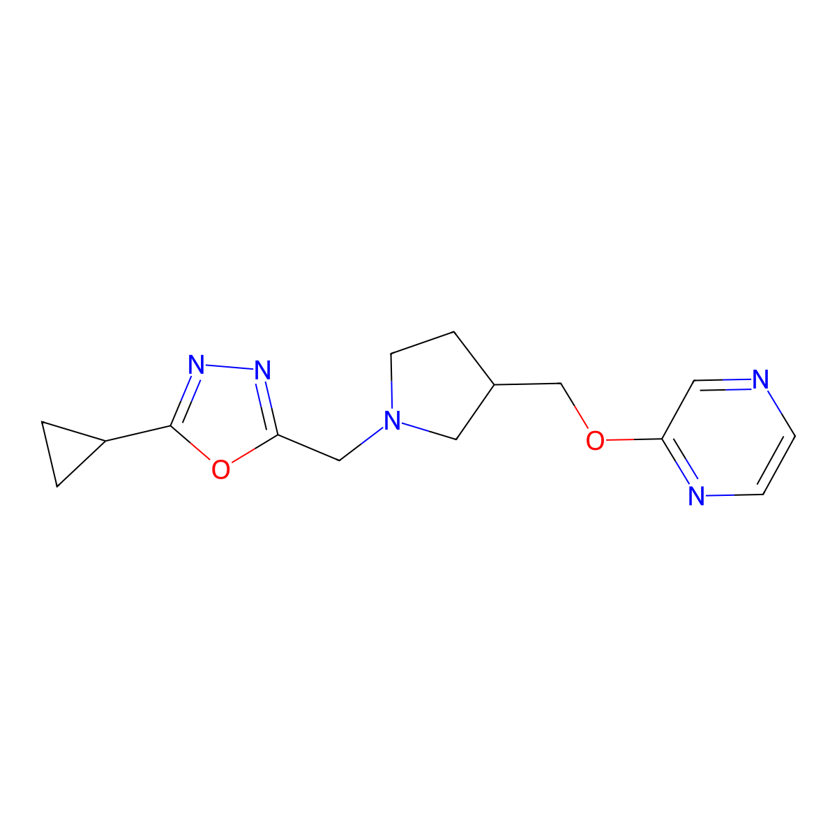 2-({1-[(5-Cyclopropyl-1,3,4-oxadiazol-2-yl)methyl]pyrrolidin-3-yl}methoxy)pyrazine molecular structure, CAS 2877670-35-2
