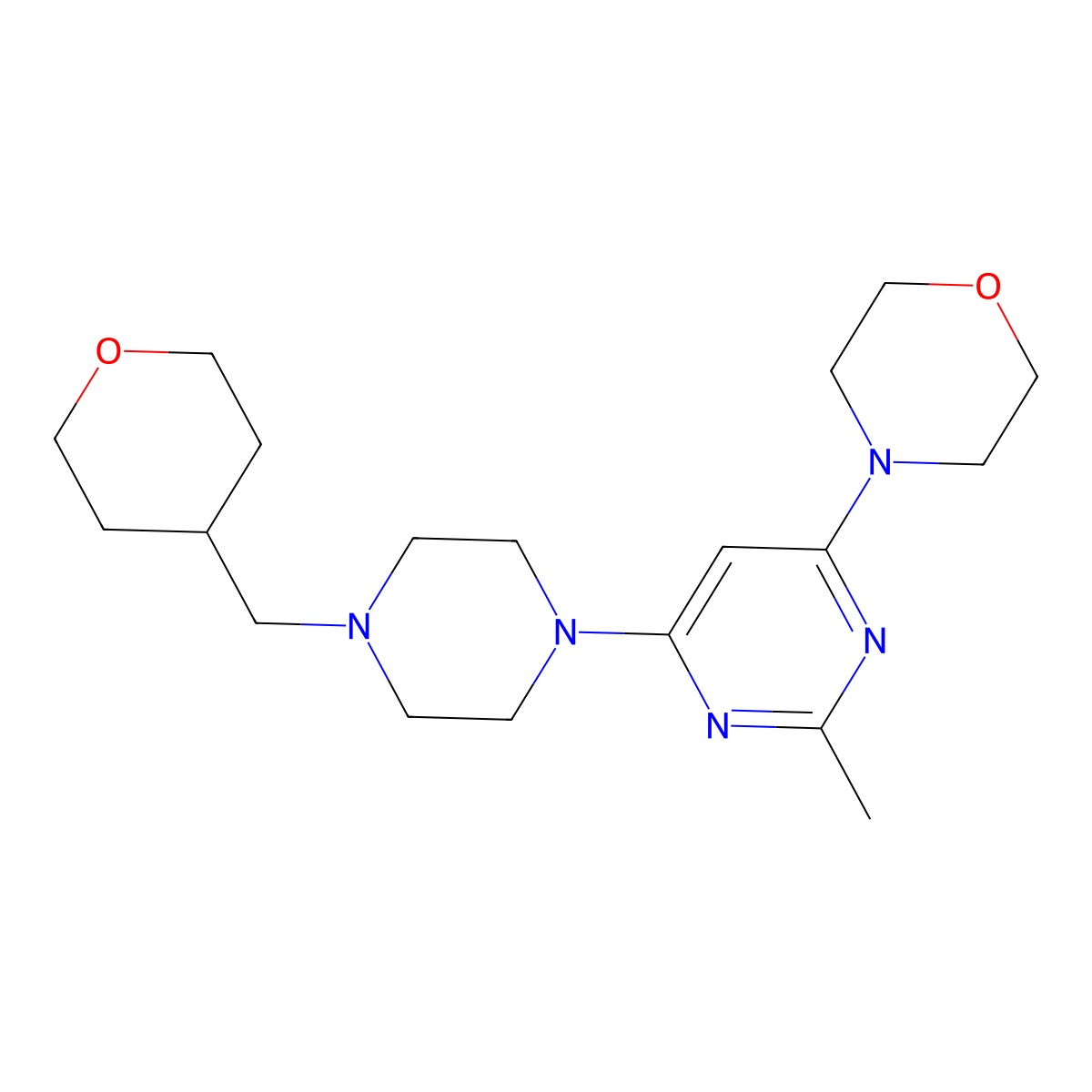4-(2-Methyl-6-{4-[(oxan-4-yl)methyl]piperazin-1-yl}pyrimidin-4-yl)morpholine molecular structure, CAS 2877670-40-9