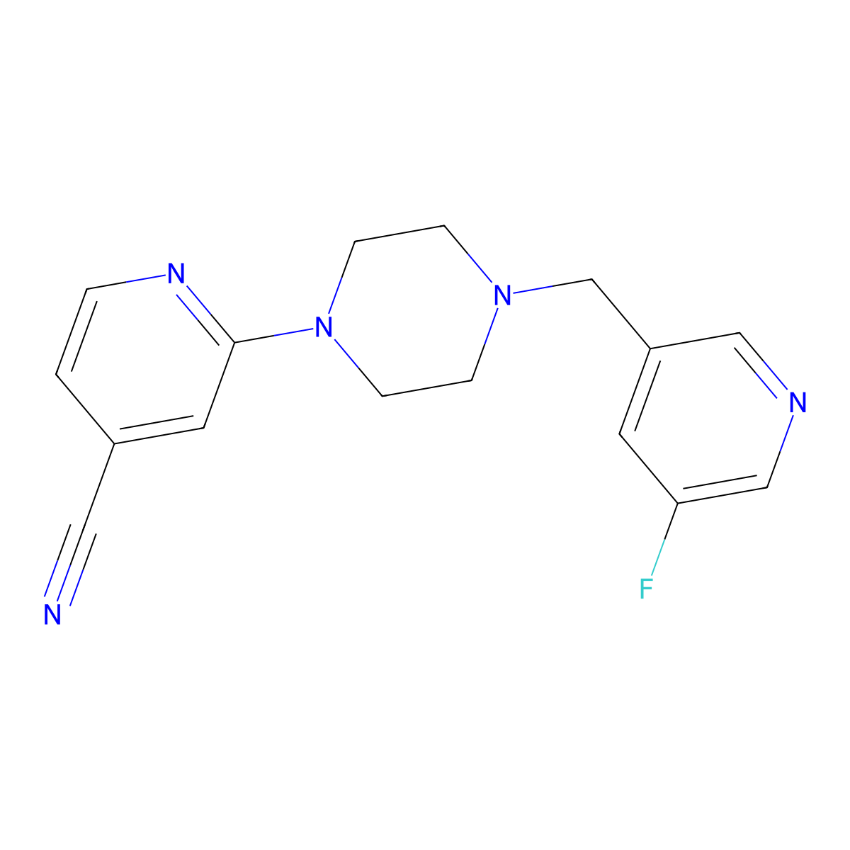 2-{4-[(5-Fluoropyridin-3-yl)methyl]piperazin-1-yl}pyridine-4-carbonitrile molecular structure, CAS 2877670-41-0