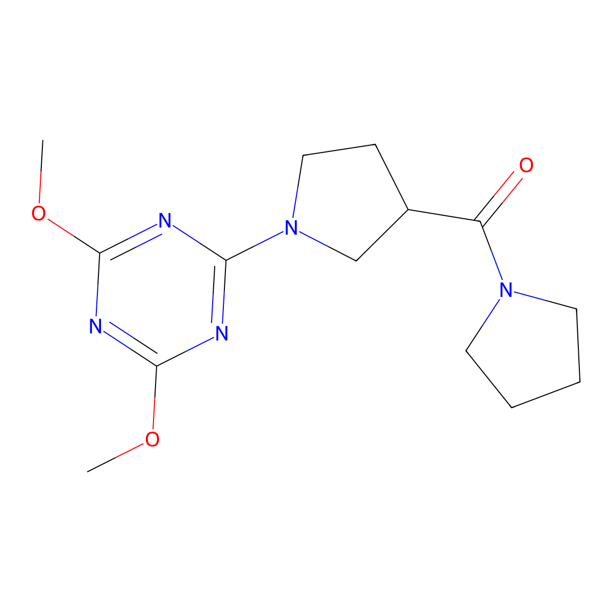 2,4-Dimethoxy-6-[3-(pyrrolidine-1-carbonyl)pyrrolidin-1-yl]-1,3,5-triazine molecular structure, CAS 2877670-47-6