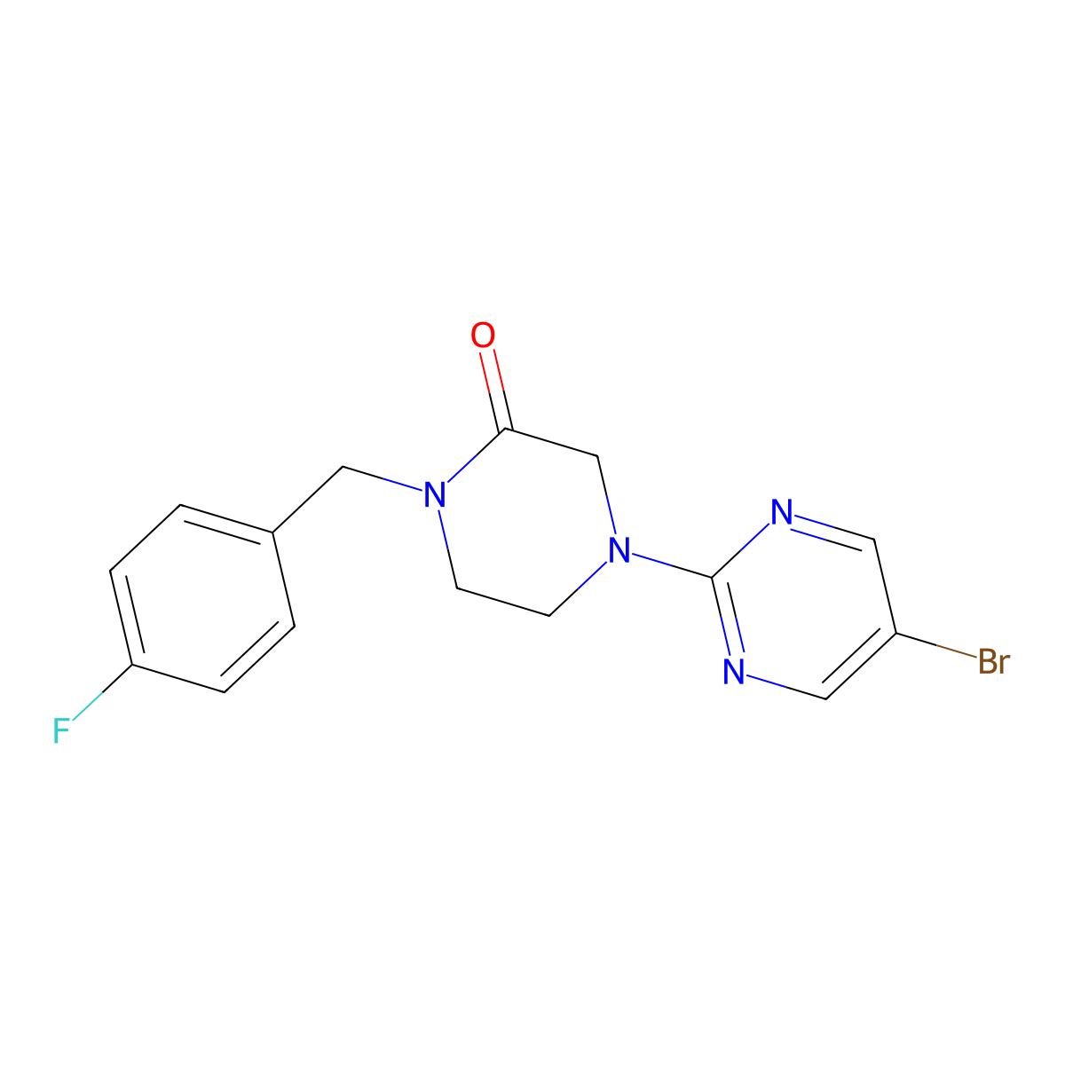 4-(5-Bromopyrimidin-2-yl)-1-[(4-fluorophenyl)methyl]piperazin-2-one molecular structure, CAS 2877671-43-5