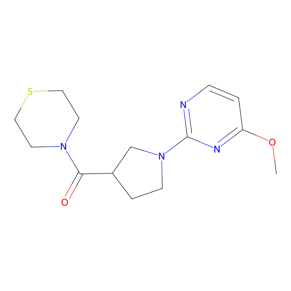 4-[1-(4-Methoxypyrimidin-2-yl)pyrrolidine-3-carbonyl]thiomorpholine molecular structure, CAS 2877671-59-3