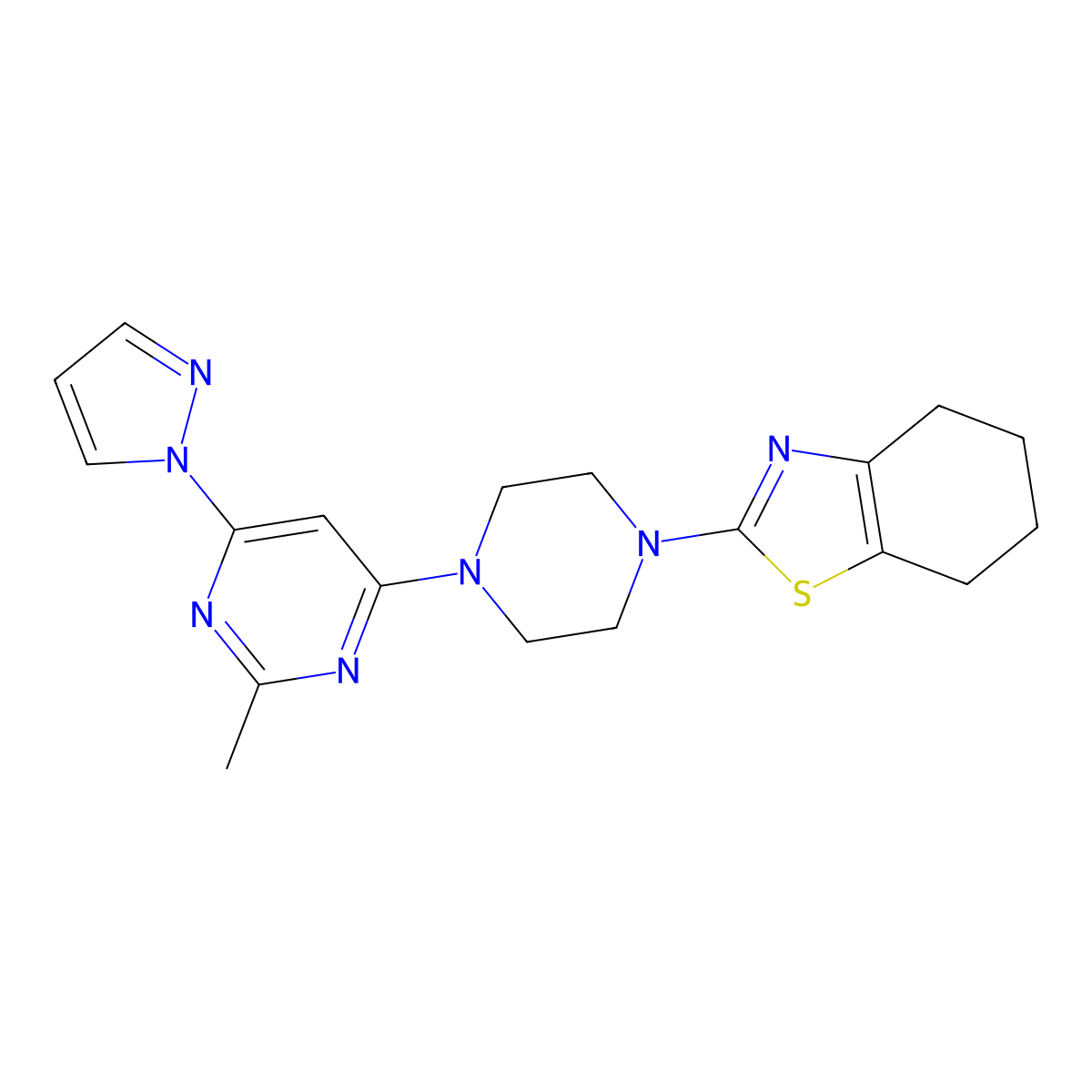 2-{4-[2-methyl-6-(1H-pyrazol-1-yl)pyrimidin-4-yl]piperazin-1-yl}-4,5,6,7-tetrahydro-1,3-benzothiazole molecular structure, CAS 2877671-60-6