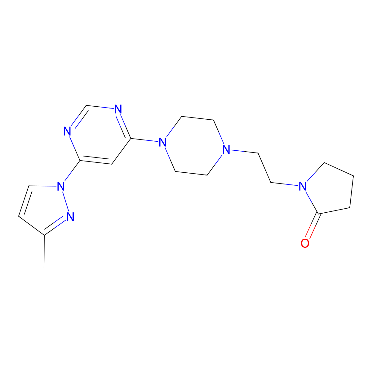 1-(2-{4-[6-(3-methyl-1H-pyrazol-1-yl)pyrimidin-4-yl]piperazin-1-yl}ethyl)pyrrolidin-2-one molecular structure, CAS 2877671-63-9