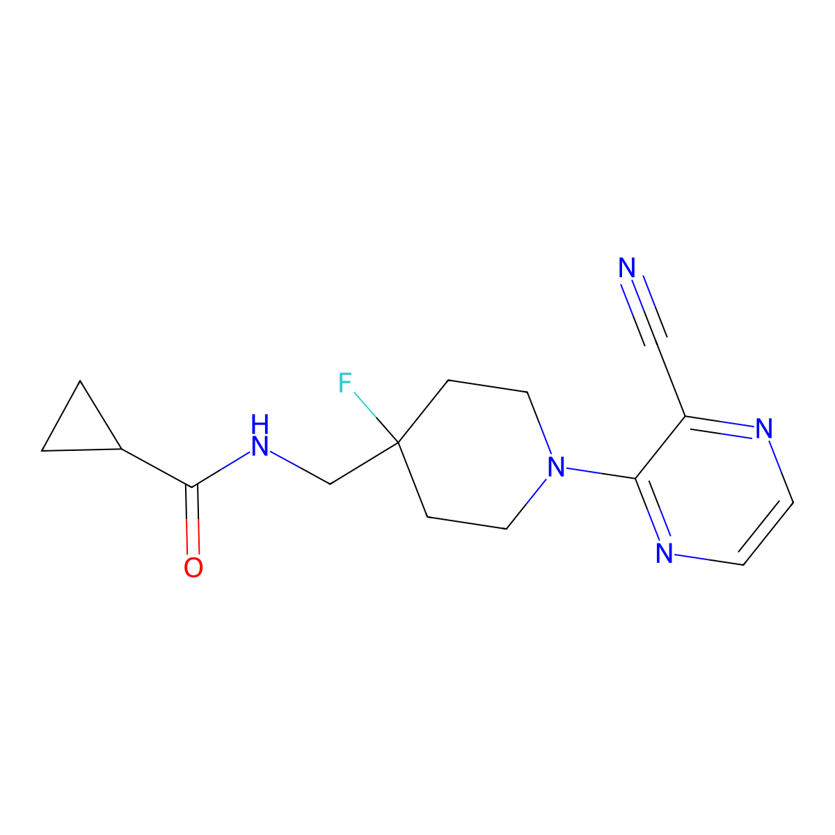 N-{[1-(3-cyanopyrazin-2-yl)-4-fluoropiperidin-4-yl]methyl}cyclopropanecarboxamide molecular structure, CAS 2877671-72-0