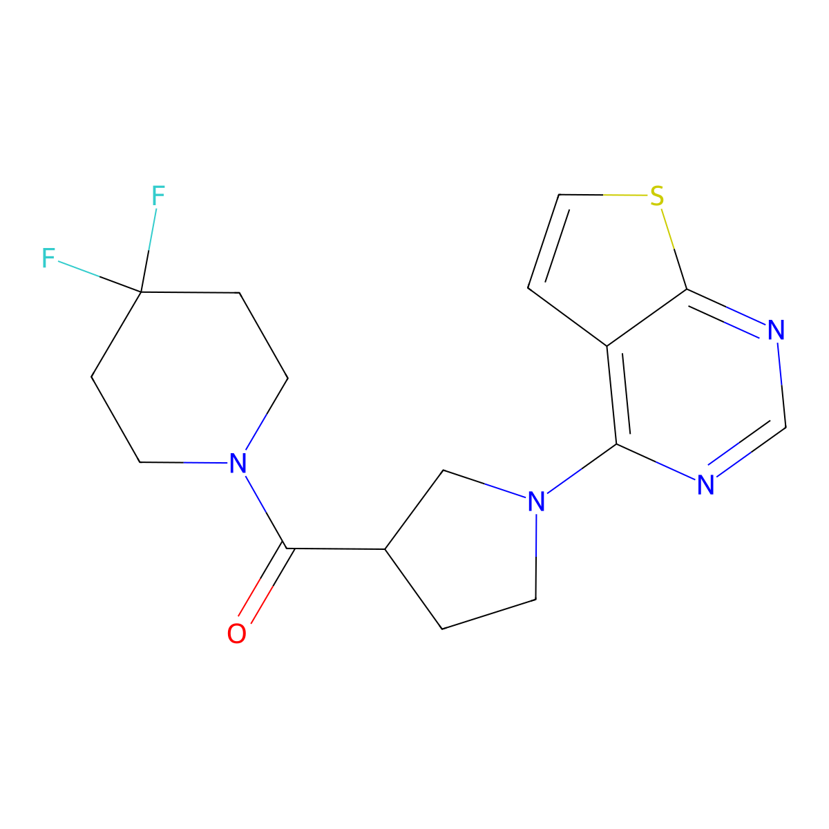 4,4-Difluoro-1-(1-{thieno[2,3-d]pyrimidin-4-yl}pyrrolidine-3-carbonyl)piperidine molecular structure, CAS 2877671-74-2