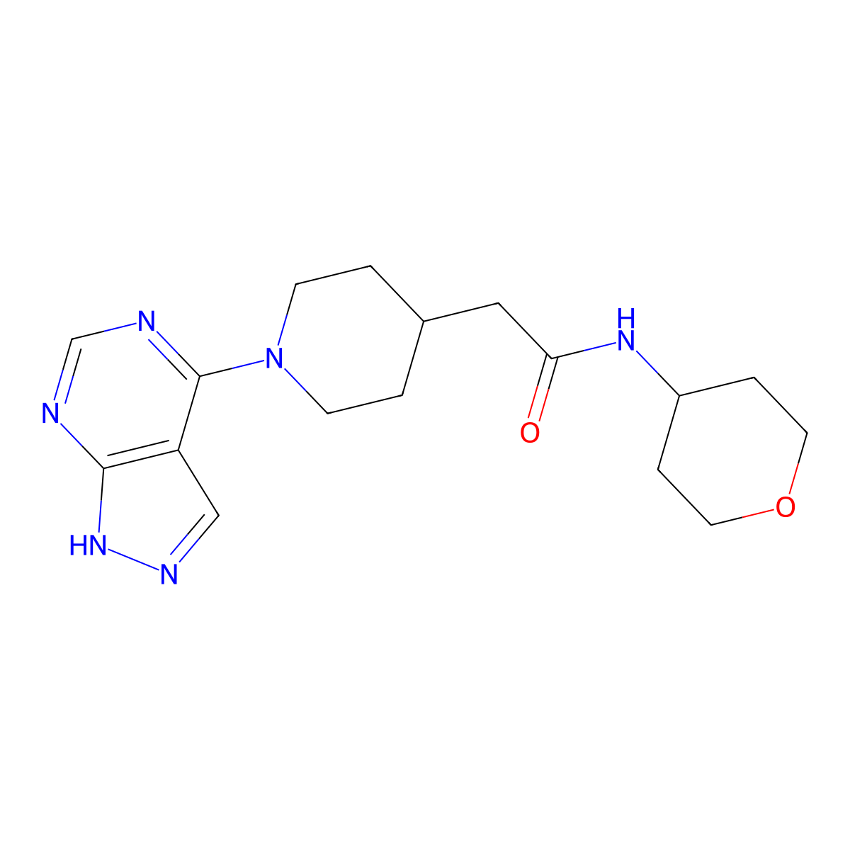 N-(oxan-4-yl)-2-(1-{1H-pyrazolo[3,4-d]pyrimidin-4-yl}piperidin-4-yl)acetamide molecular structure, CAS 2877671-75-3