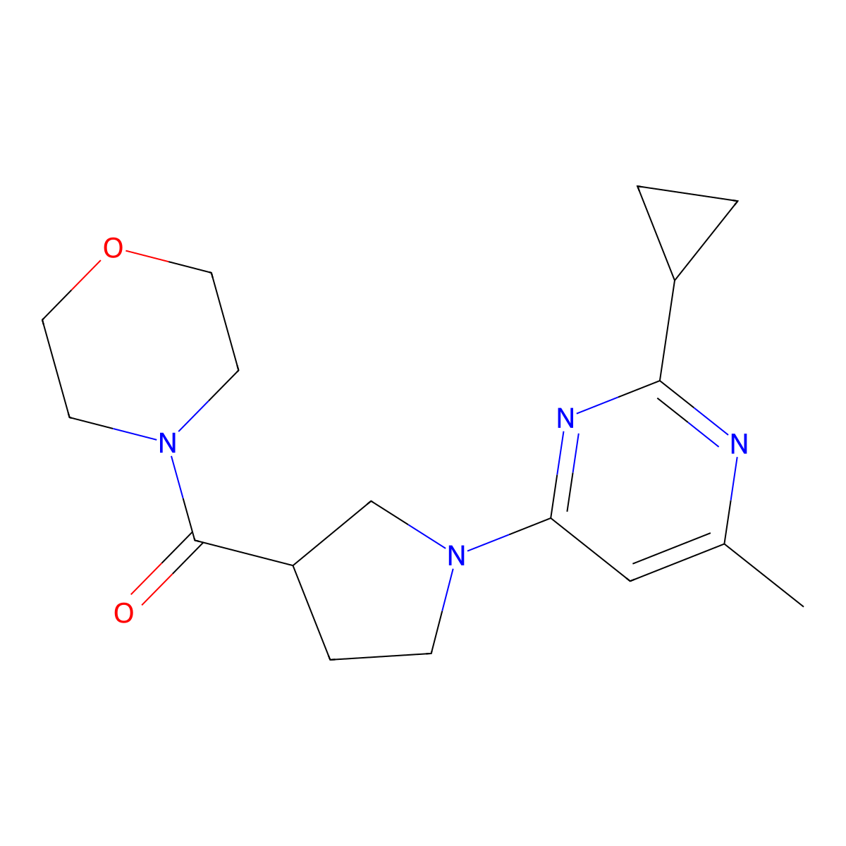 4-[1-(2-Cyclopropyl-6-methylpyrimidin-4-yl)pyrrolidine-3-carbonyl]morpholine molecular structure, CAS 2877671-76-4