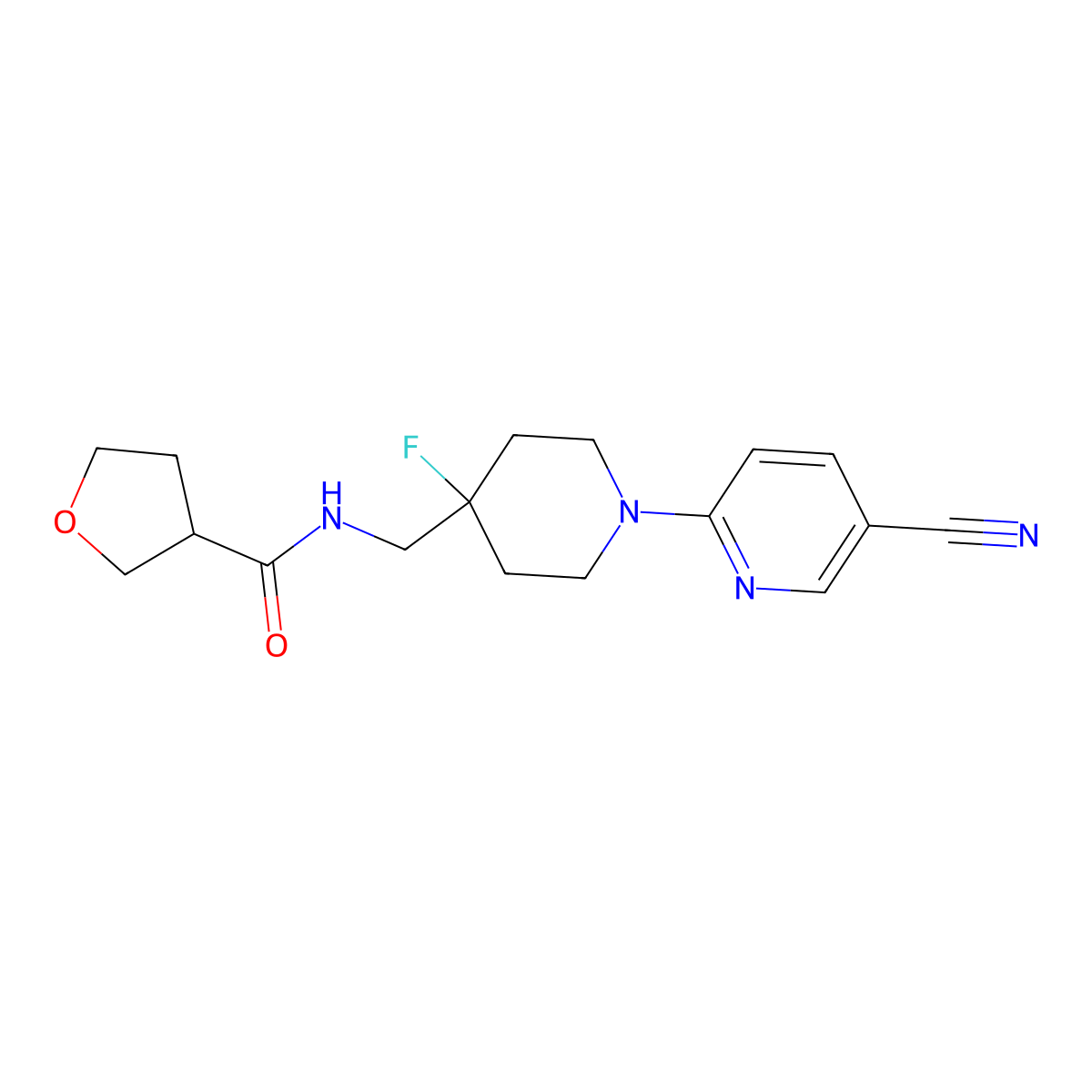 N-{[1-(5-cyanopyridin-2-yl)-4-fluoropiperidin-4-yl]methyl}oxolane-3-carboxamide molecular structure, CAS 2877671-80-0