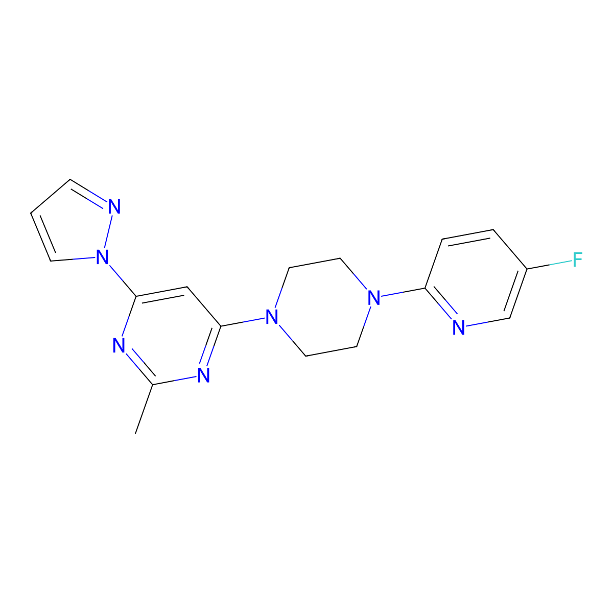 4-[4-(5-fluoropyridin-2-yl)piperazin-1-yl]-2-methyl-6-(1H-pyrazol-1-yl)pyrimidine molecular structure, CAS 2877671-81-1