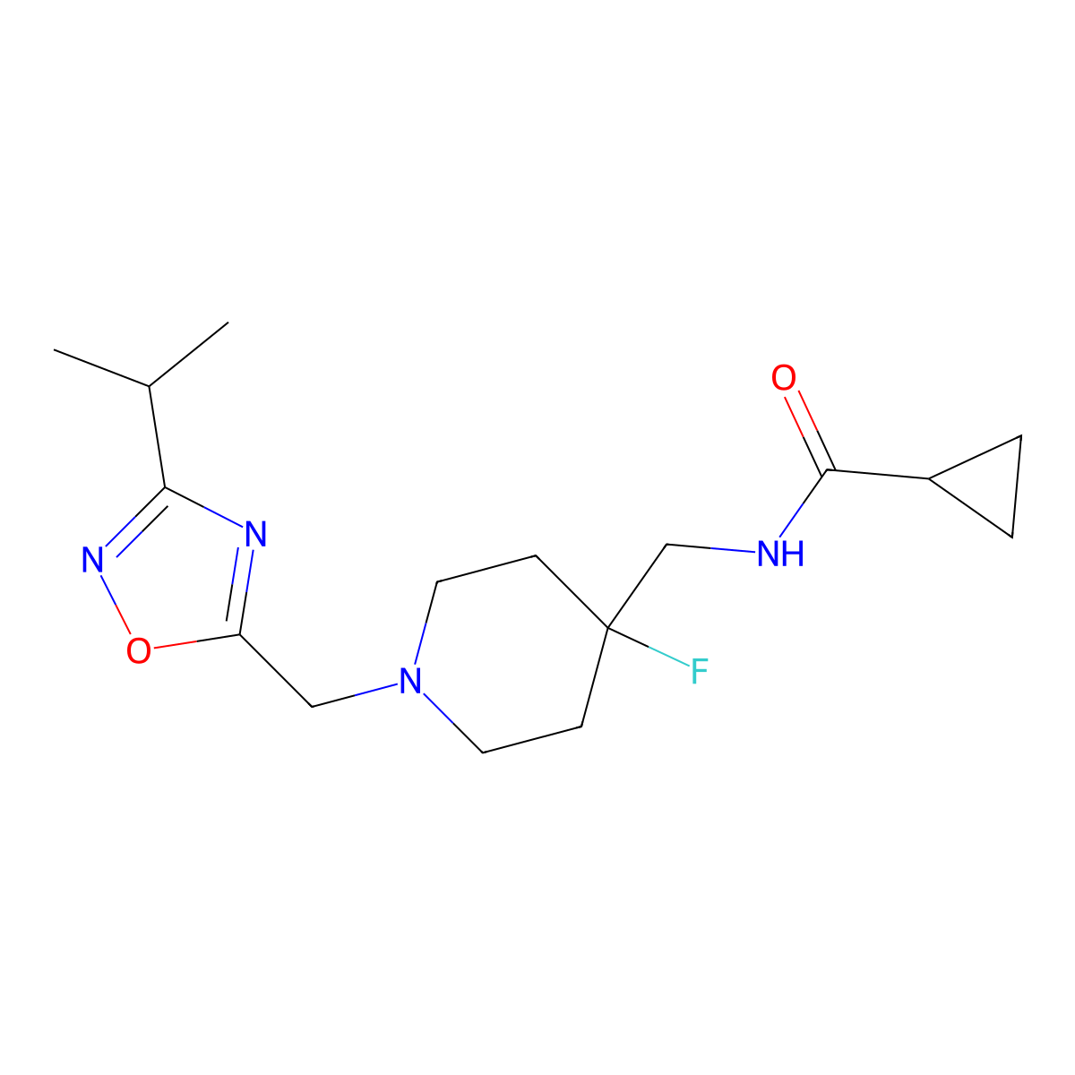 N-[[4-fluoro-1-[(3-propan-2-yl1,2,4-oxadiazol-5-yl)methyl]piperidin-4-yl]methyl]cyclopropanecarboxamide molecular structure, CAS 2877671-83-3