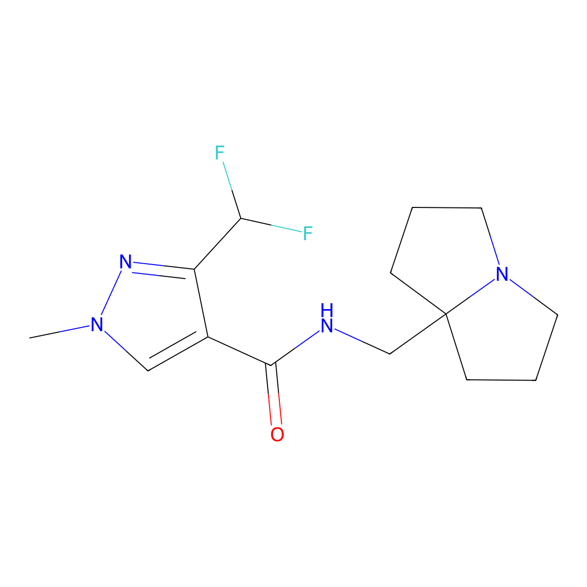 3-(difluoromethyl)-N-[(hexahydro-1H-pyrrolizin-7a-yl)methyl]-1-methyl-1H-pyrazole-4-carboxamide molecular structure, CAS 2877671-85-5