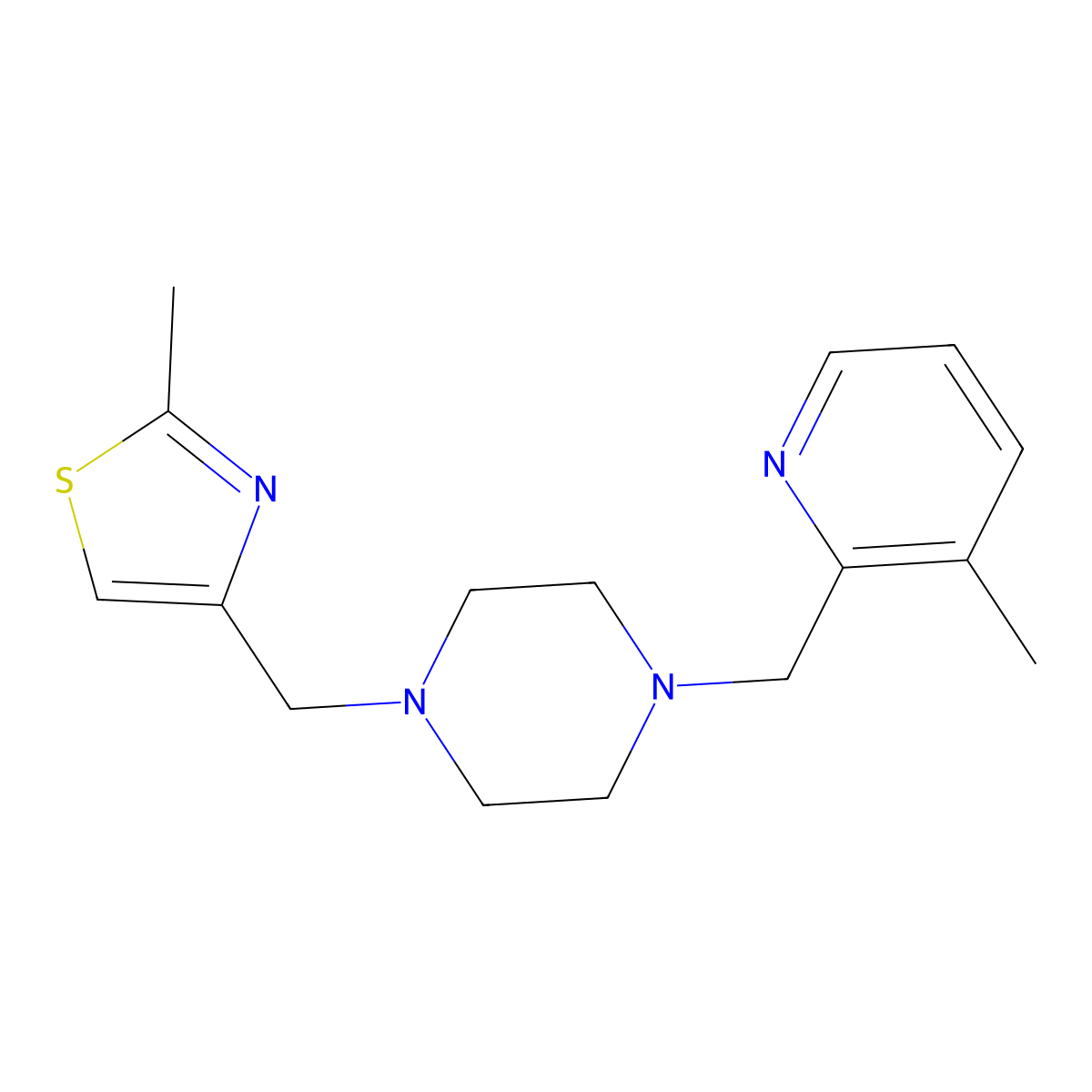 1-[(2-Methyl-1,3-thiazol-4-yl)methyl]-4-[(3-methylpyridin-2-yl)methyl]piperazine molecular structure, CAS 2877671-86-6