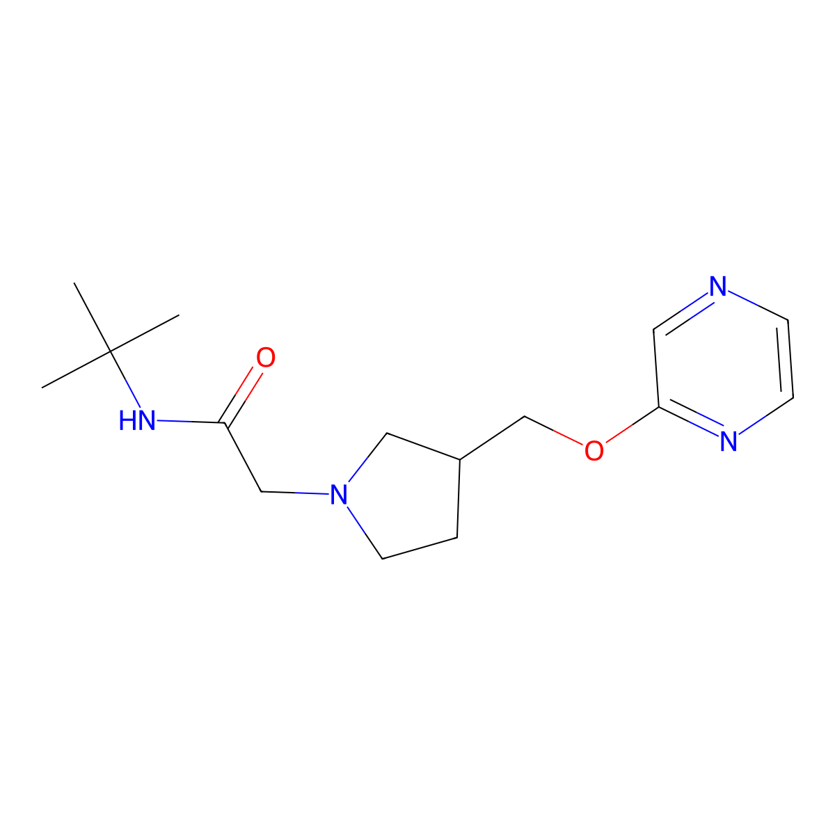 N-tert-butyl-2-{3-[(pyrazin-2-yloxy)methyl]pyrrolidin-1-yl}acetamide molecular structure, CAS 2877671-87-7