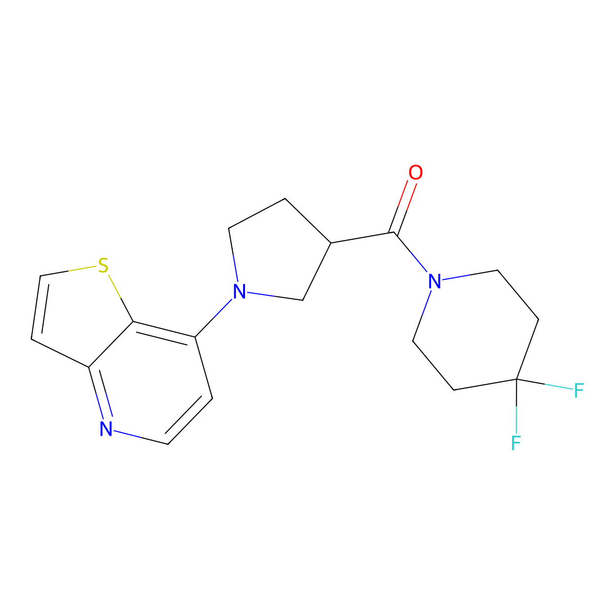 4,4-Difluoro-1-(1-{thieno[3,2-b]pyridin-7-yl}pyrrolidine-3-carbonyl)piperidine molecular structure, CAS 2877671-95-7