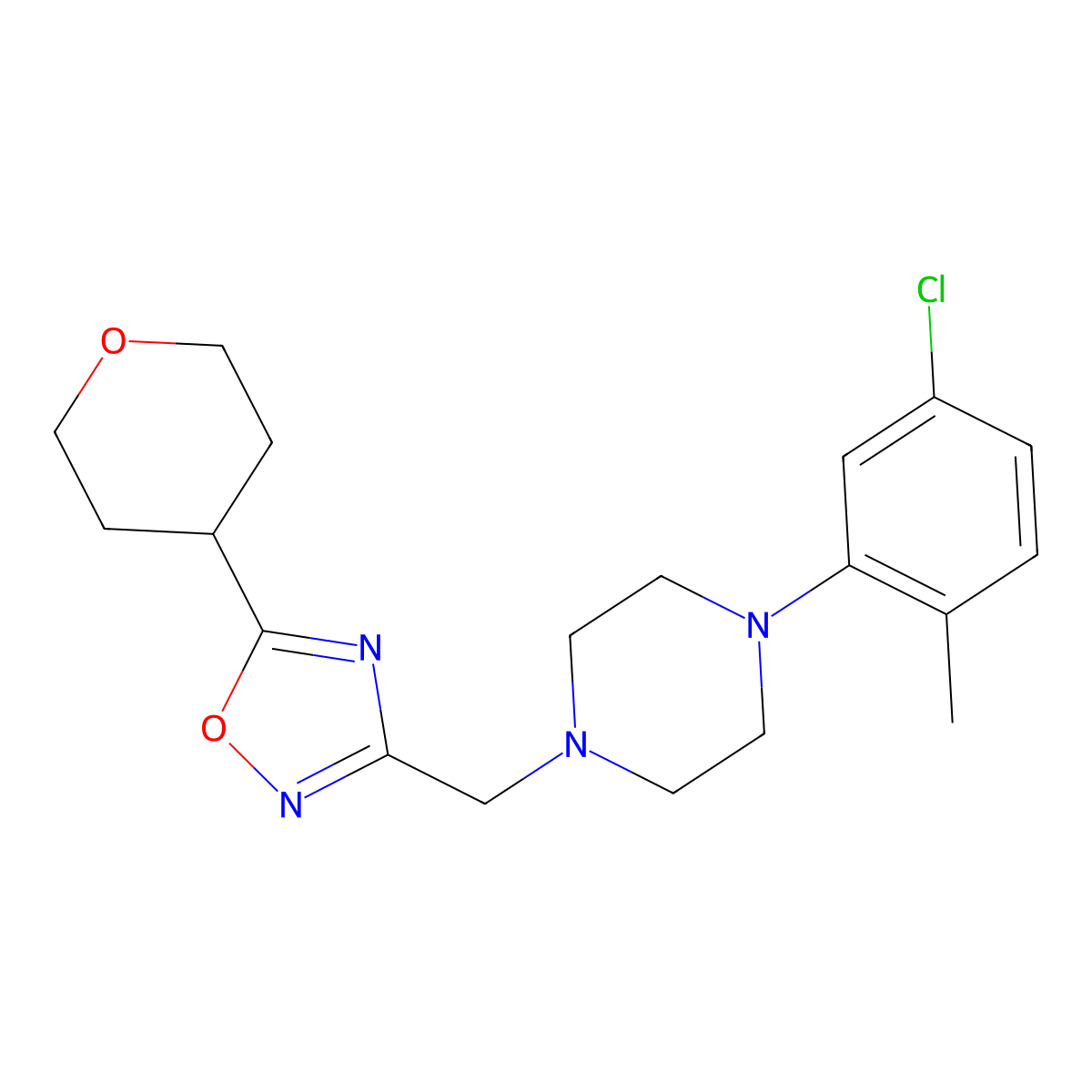 1-(5-Chloro-2-methylphenyl)-4-{[5-(oxan-4-yl)-1,2,4-oxadiazol-3-yl]methyl}piperazine molecular structure, CAS 2877672-00-7