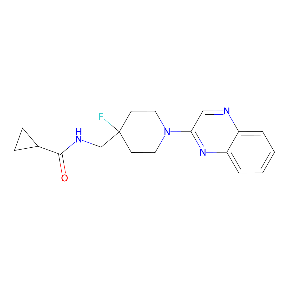 N-{[4-fluoro-1-(quinoxalin-2-yl)piperidin-4-yl]methyl}cyclopropanecarboxamide molecular structure, CAS 2877672-09-6
