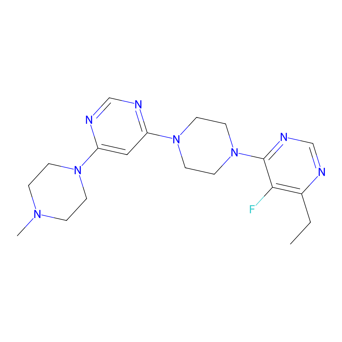 4-Ethyl-5-fluoro-6-{4-[6-(4-methylpiperazin-1-yl)pyrimidin-4-yl]piperazin-1-yl}pyrimidine molecular structure, CAS 2877672-11-0