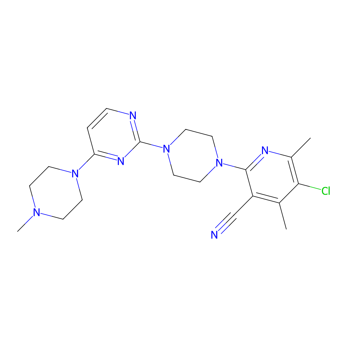 5-Chloro-4,6-dimethyl-2-{4-[4-(4-methylpiperazin-1-yl)pyrimidin-2-yl]piperazin-1-yl}pyridine-3-carbonitrile molecular structure, CAS 2877672-15-4