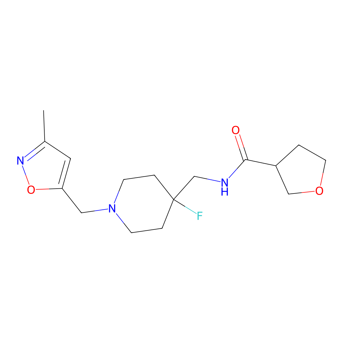 N-({4-fluoro-1-[(3-methyl-1,2-oxazol-5-yl)methyl]piperidin-4-yl}methyl)oxolane-3-carboxamide molecular structure, CAS 2877672-26-7