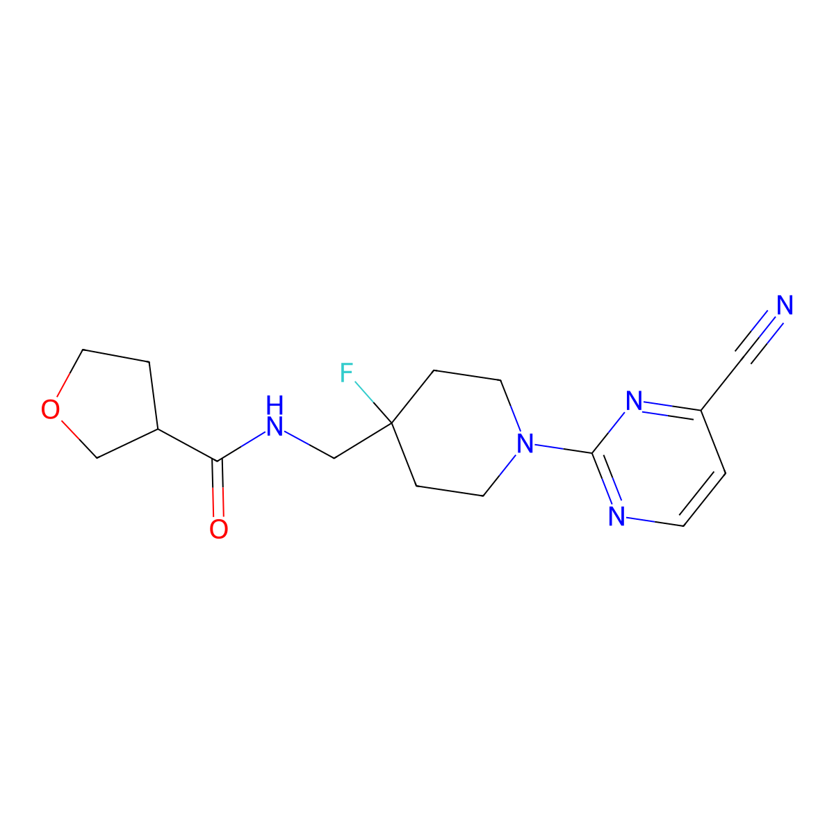 N-{[1-(4-cyanopyrimidin-2-yl)-4-fluoropiperidin-4-yl]methyl}oxolane-3-carboxamide molecular structure, CAS 2877672-28-9