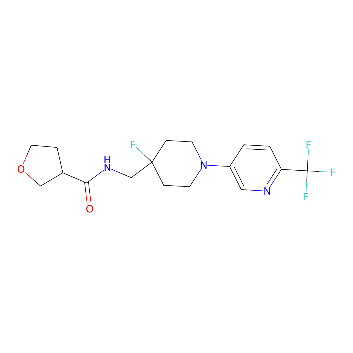 N-({4-fluoro-1-[6-(trifluoromethyl)pyridin-3-yl]piperidin-4-yl}methyl)oxolane-3-carboxamide molecular structure, CAS 2877672-30-3