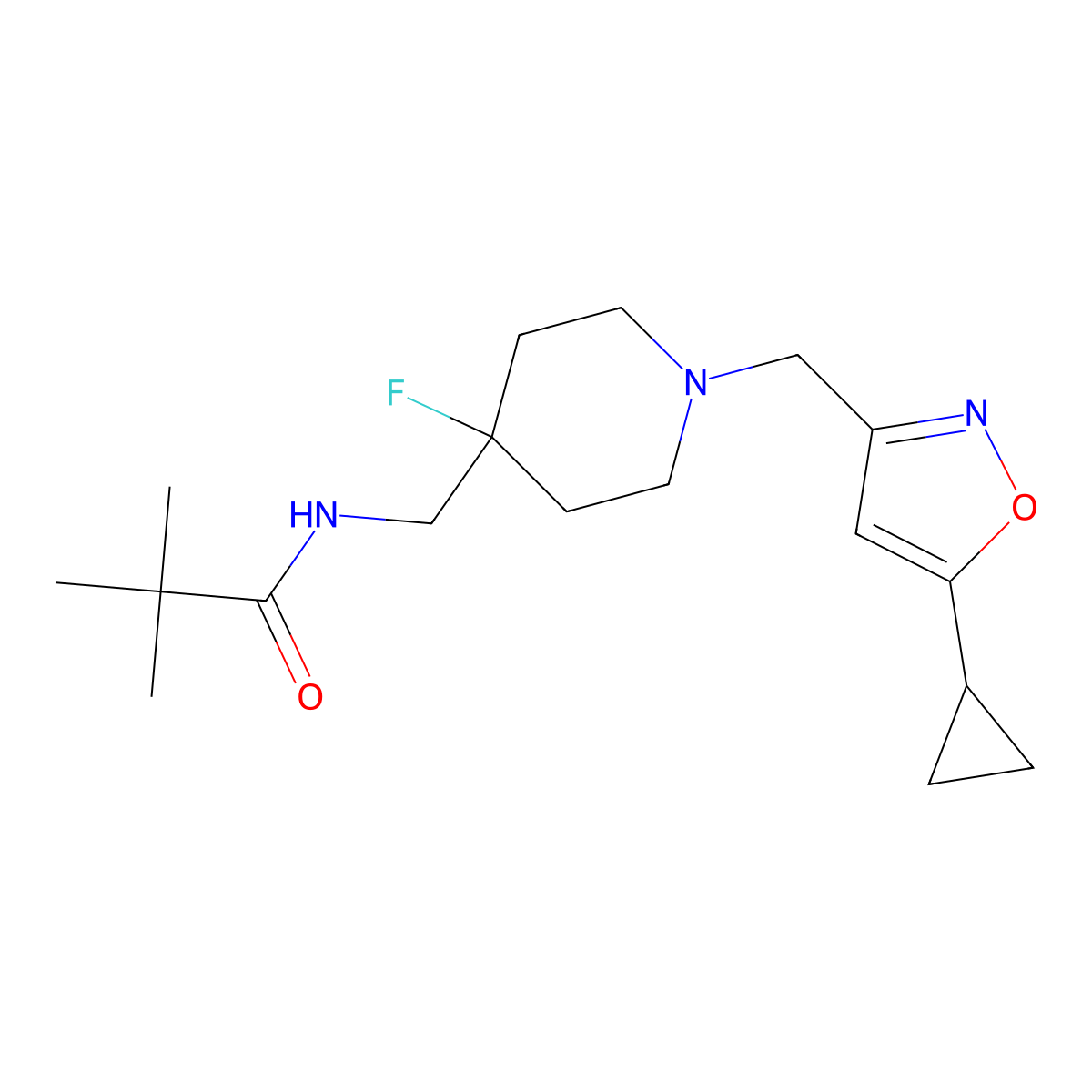 N-({1-[(5-cyclopropyl-1,2-oxazol-3-yl)methyl]-4-fluoropiperidin-4-yl}methyl)-2,2-dimethylpropanamide molecular structure, CAS 2877672-32-5