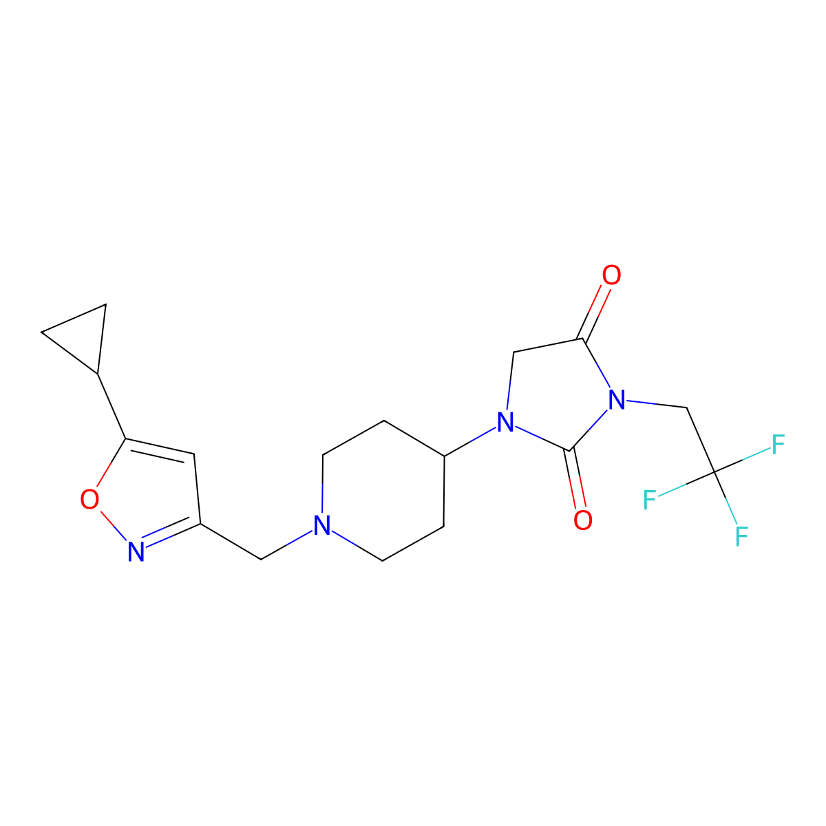 1-{1-[(5-Cyclopropyl-1,2-oxazol-3-yl)methyl]piperidin-4-yl}-3-(2,2,2-trifluoroethyl)imidazolidine-2,4-dione molecular structure, CAS 2877672-39-2