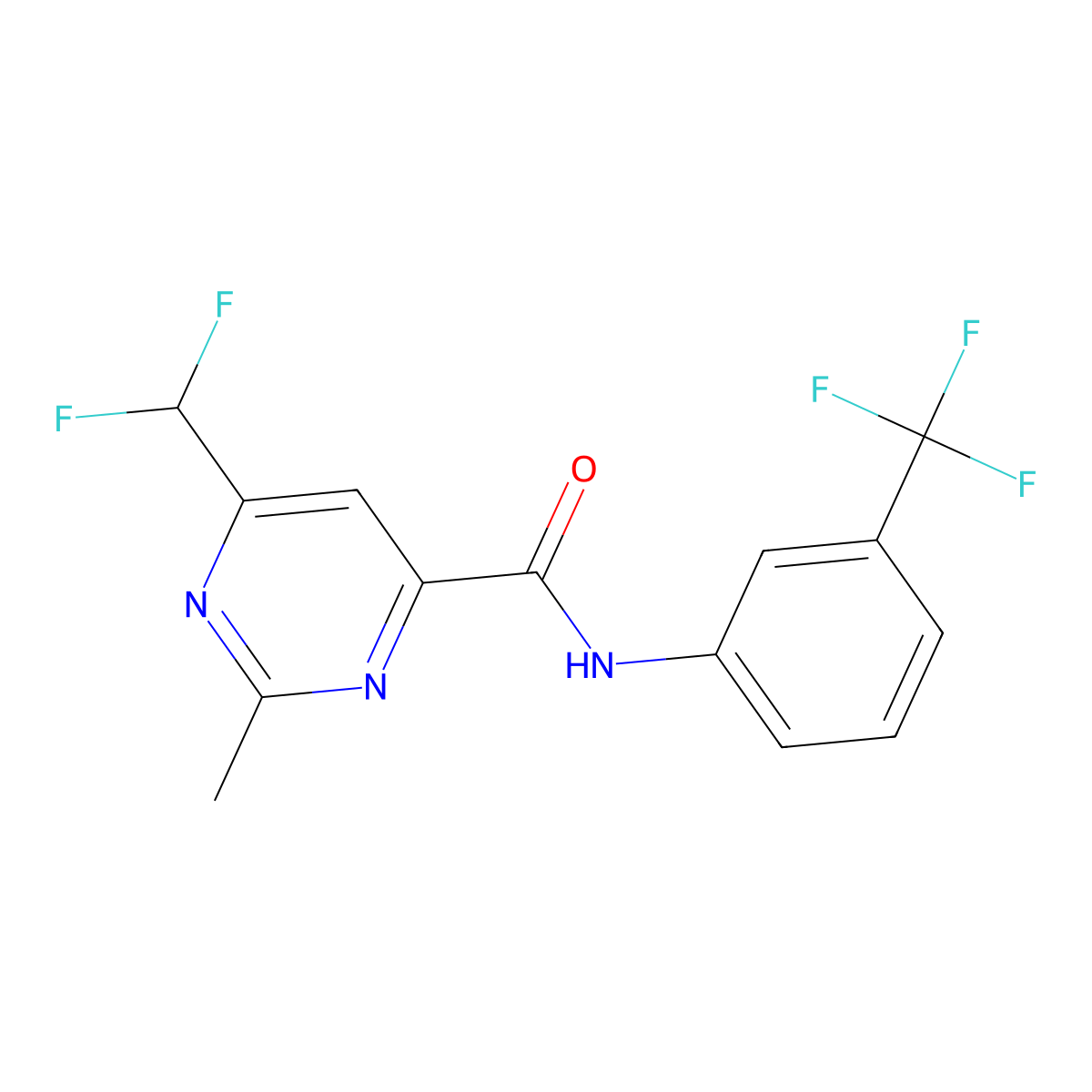 6-(difluoromethyl)-2-methyl-N-[3-(trifluoromethyl)phenyl]pyrimidine-4-carboxamide molecular structure, CAS 2877672-43-8