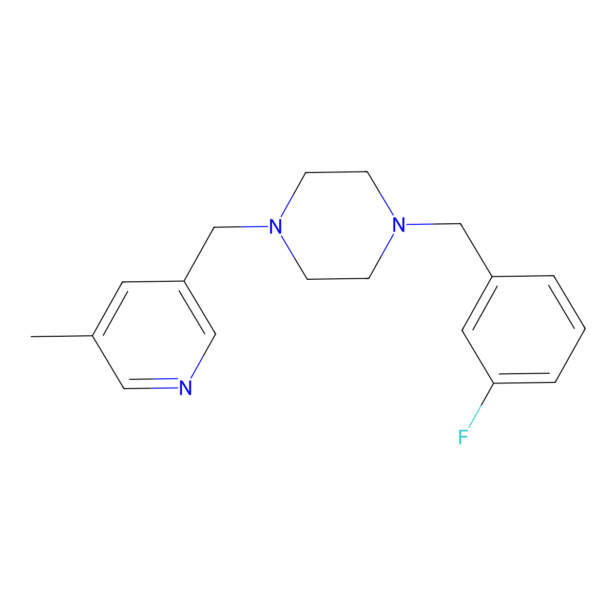 1-[(3-Fluorophenyl)methyl]-4-[(5-methylpyridin-3-yl)methyl]piperazine molecular structure, CAS 2877672-46-1