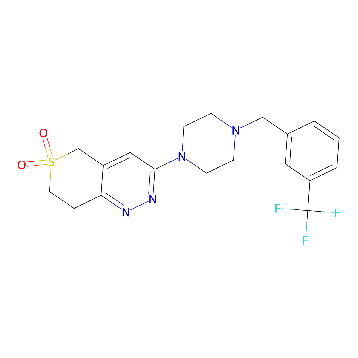 3-[4-[[3-(trifluoromethyl)phenyl]methyl]piperazin-1-yl]-7,8-dihydro-5H-thiopyrano[4,3-c]pyridazine 6,6-dioxide molecular structure, CAS 2877672-47-2