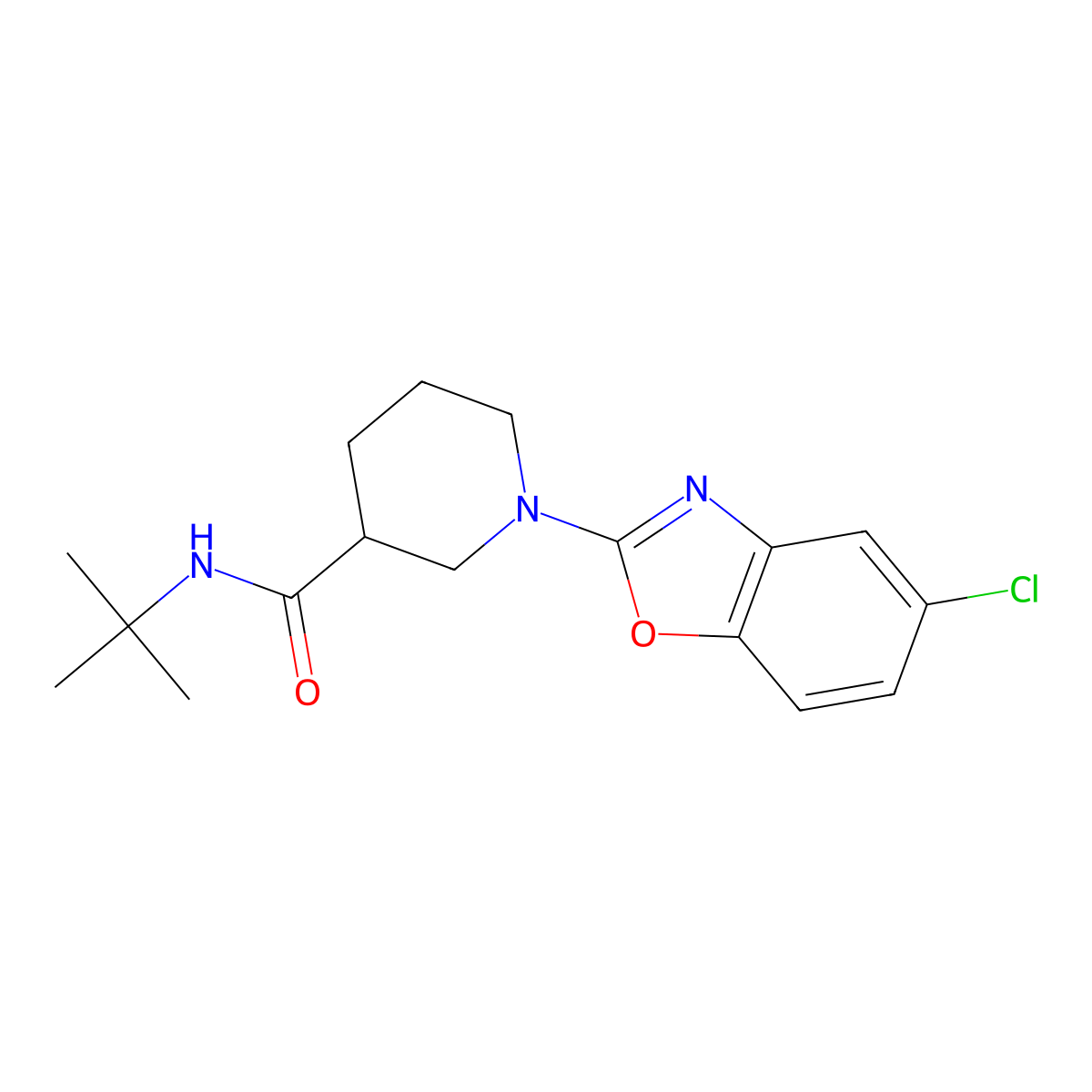 N-tert-butyl-1-(5-chloro-1,3-benzoxazol-2-yl)piperidine-3-carboxamide molecular structure, CAS 2877672-53-0