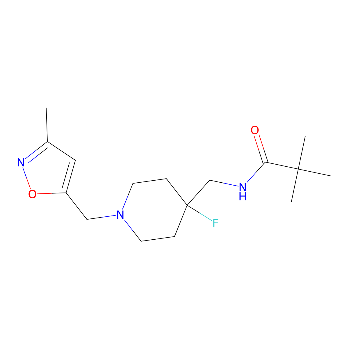 N-({4-fluoro-1-[(3-methyl-1,2-oxazol-5-yl)methyl]piperidin-4-yl}methyl)-2,2-dimethylpropanamide molecular structure, CAS 2877672-56-3