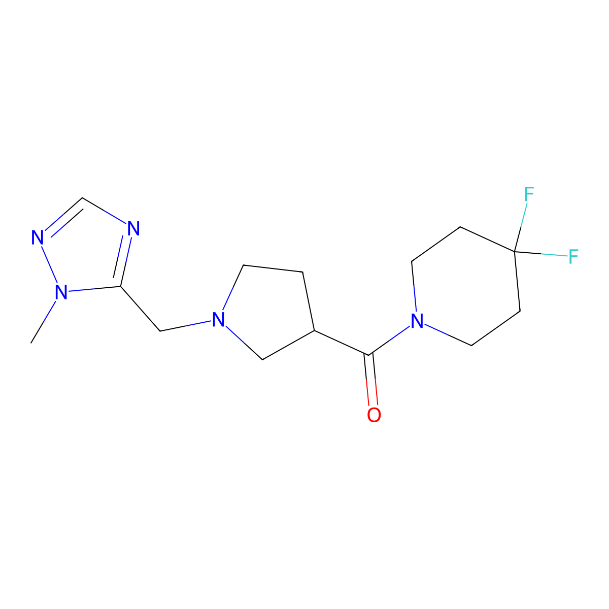 4,4-difluoro-1-{1-[(1-methyl-1H-1,2,4-triazol-5-yl)methyl]pyrrolidine-3-carbonyl}piperidine molecular structure, CAS 2877672-60-9