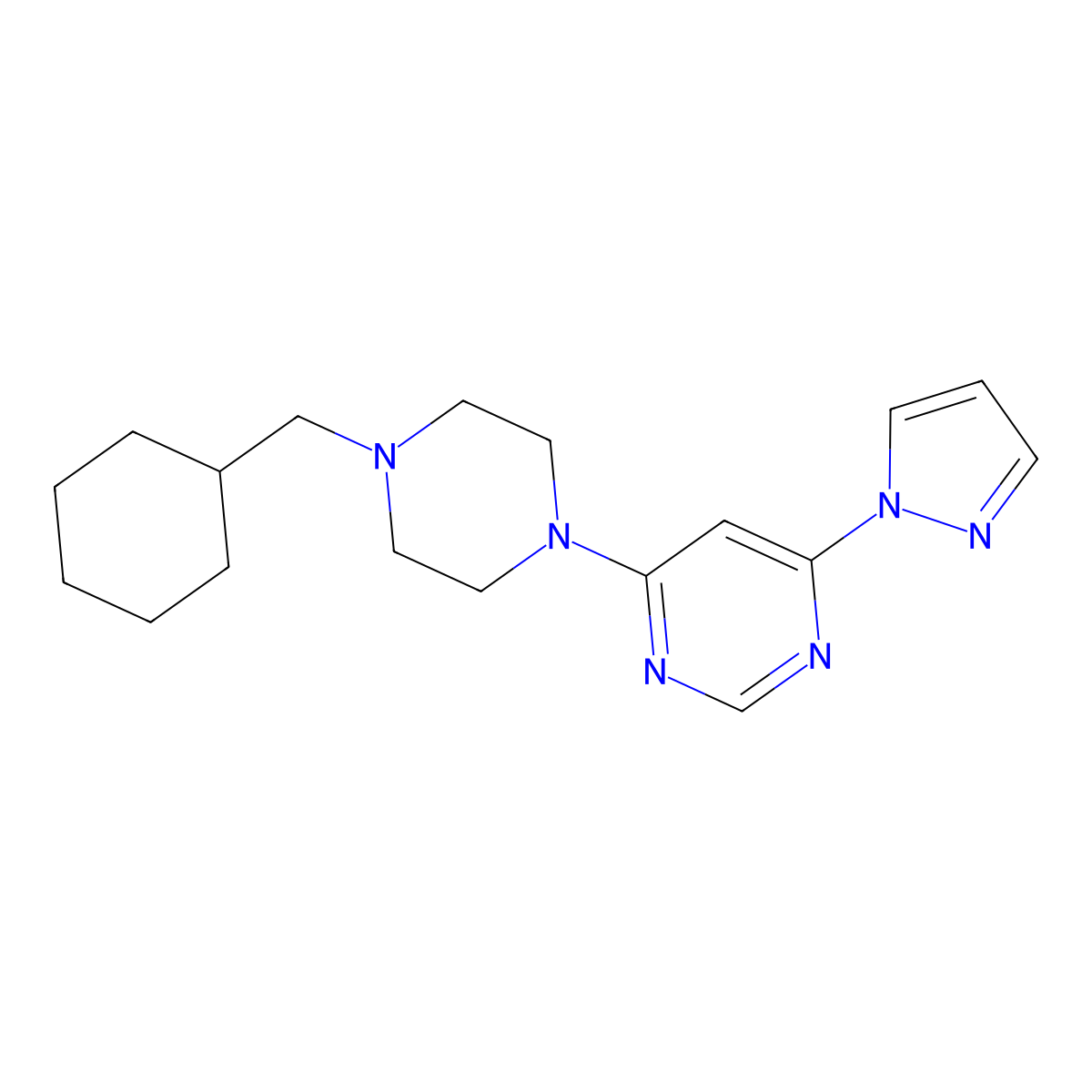 4-[4-(cyclohexylmethyl)piperazin-1-yl]-6-(1H-pyrazol-1-yl)pyrimidine molecular structure, CAS 2877672-64-3