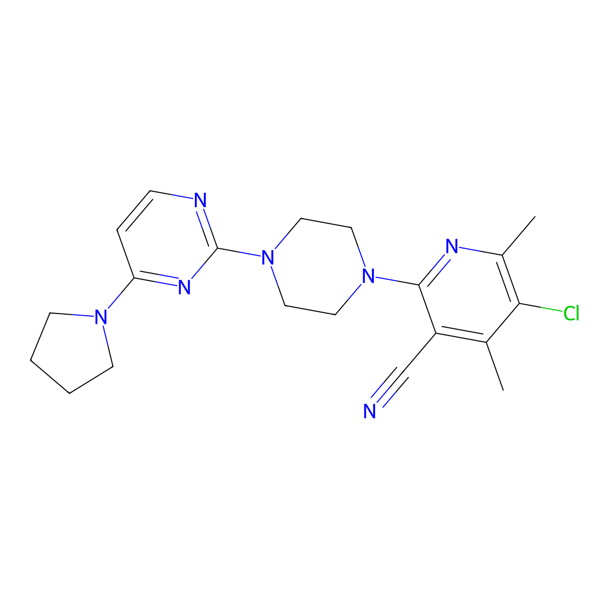 5-Chloro-4,6-dimethyl-2-[4-(4-pyrrolidin-1-ylpyrimidin-2-yl)piperazin-1-yl]pyridine-3-carbonitrile molecular structure, CAS 2877672-69-8