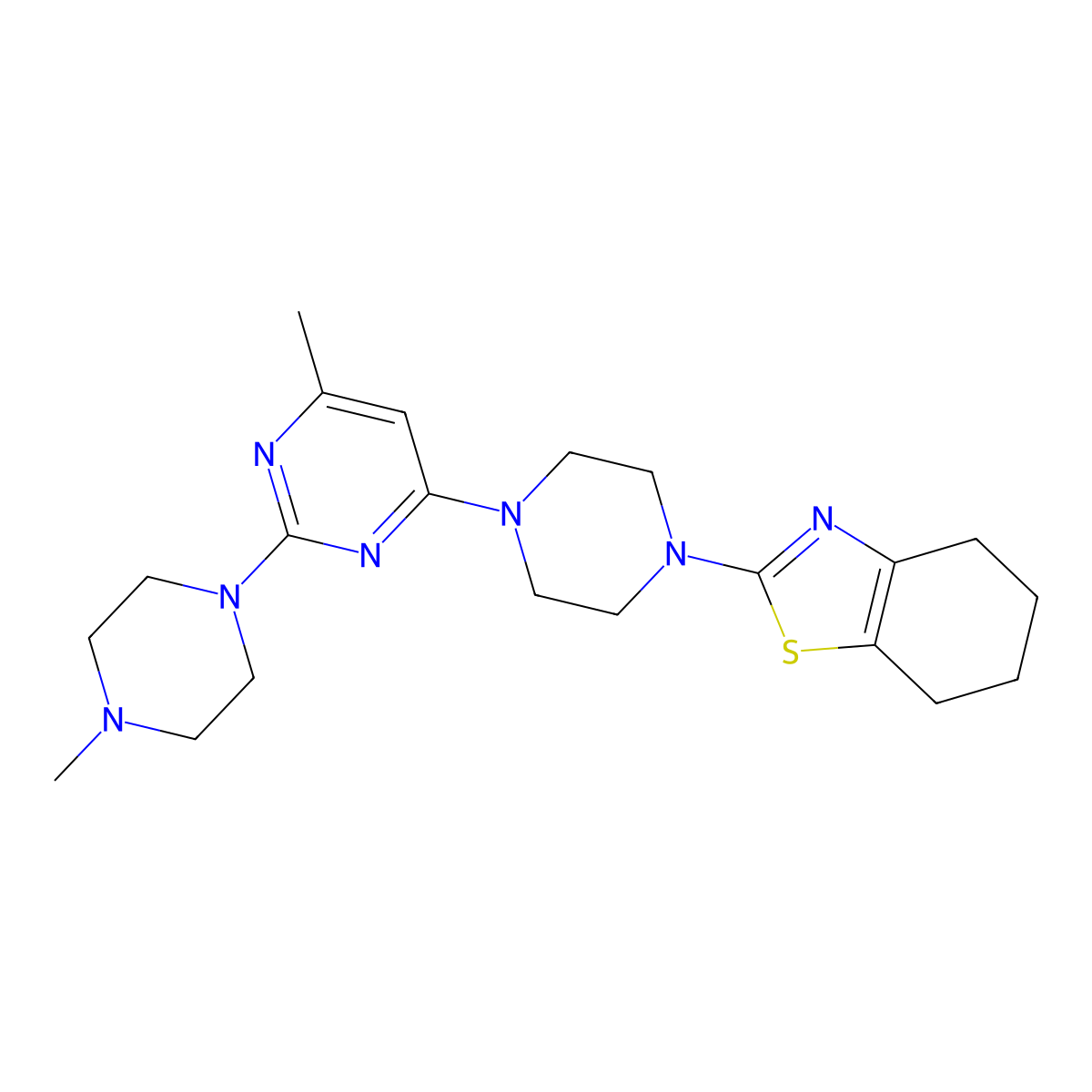 2-{4-[6-Methyl-2-(4-methylpiperazin-1-yl)pyrimidin-4-yl]piperazin-1-yl}-4,5,6,7-tetrahydro-1,3-benzothiazole molecular structure, CAS 2877672-73-4