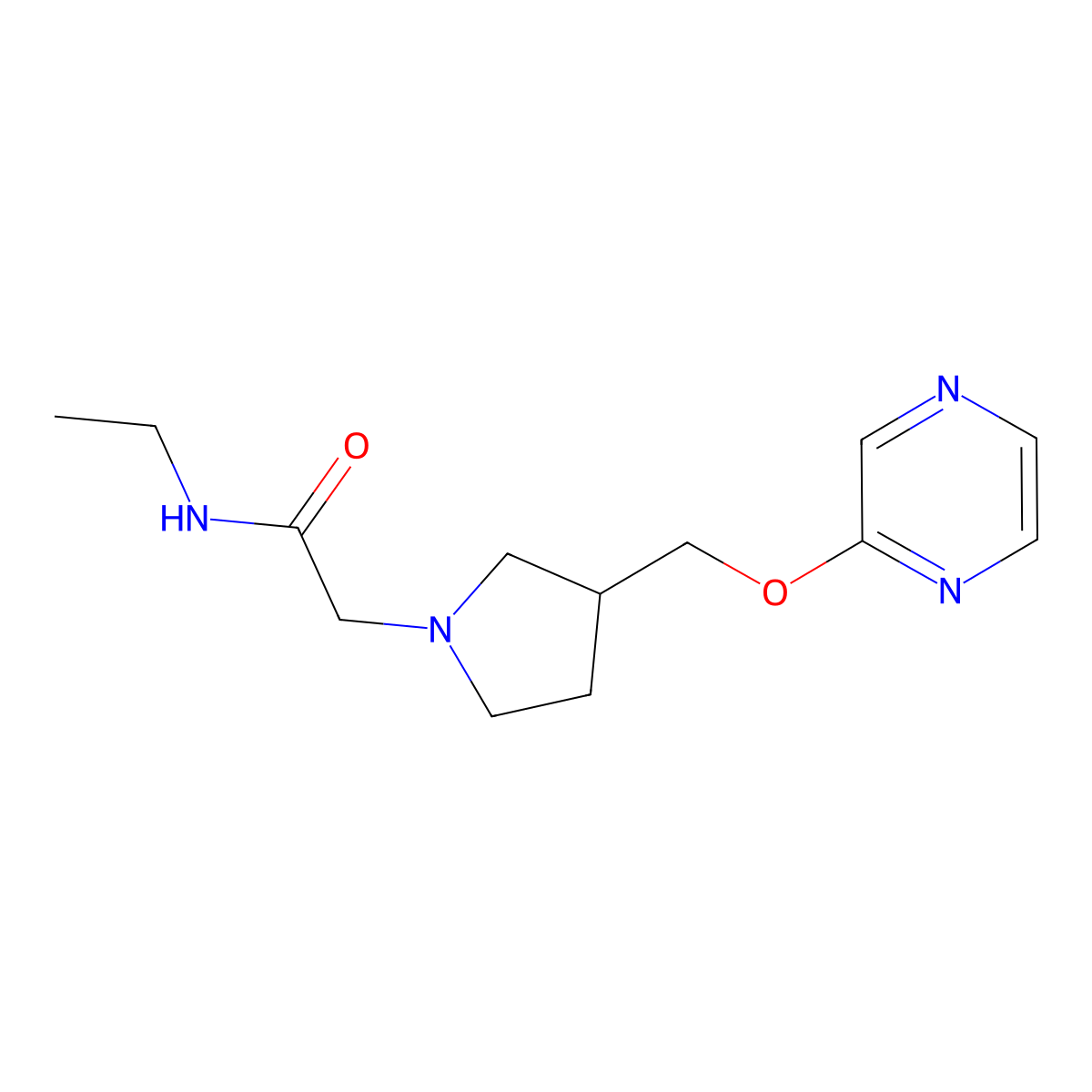 N-ethyl-2-{3-[(pyrazin-2-yloxy)methyl]pyrrolidin-1-yl}acetamide molecular structure, CAS 2877672-77-8